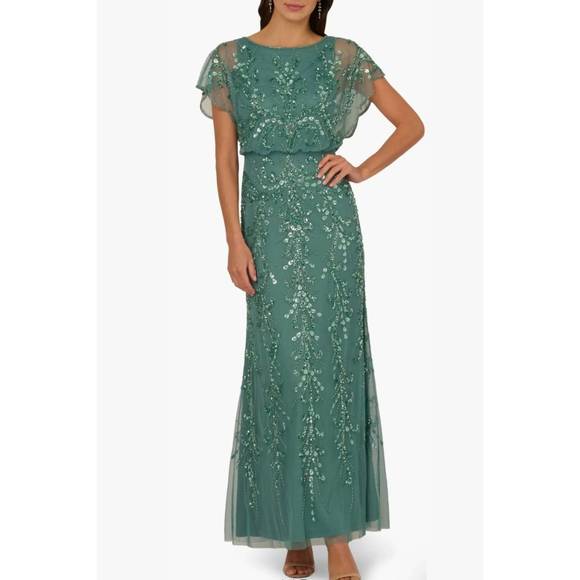 ADRIANNA PAPELL Dresses & Skirts - NEW ADRIANNA PAPELL beaded mesh boat neck flutter sleeve blouson dress in green